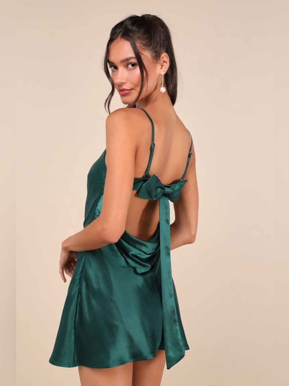 Lulu’s Sincerest Elegance Satin Cowl Back Bow Mini Dress
